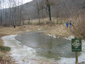 Der vereiste Weiher am Morgen: Die Helfer des NVVB müssen wetterfest sein...