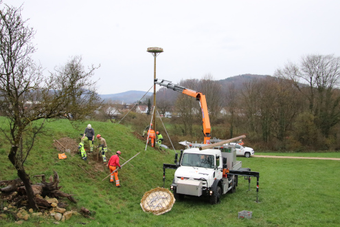 Mit Stützen wird die Telefonstange senkrecht ausgerichtet